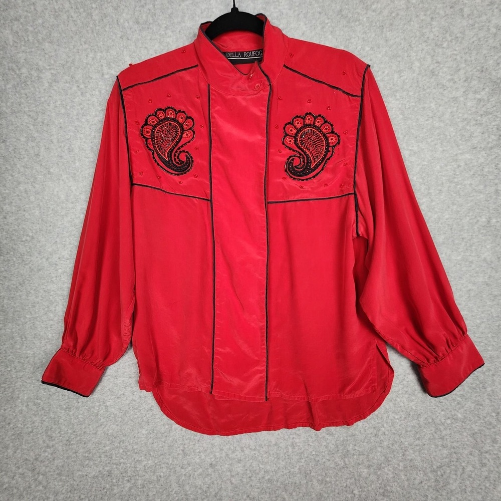 Della Roufogali Shirt Womens 10 Silk Embroidered Western Paisley Beaded Vintage‎